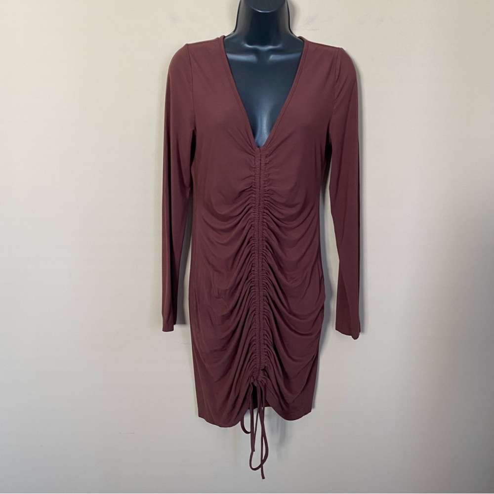 Shein Brown Ruched Front Long Sleeve Dress